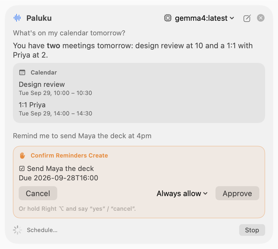 The Paluku agent panel answering 'What's on my calendar tomorrow?' with a calendar card, and asking for confirmation before creating a reminder.