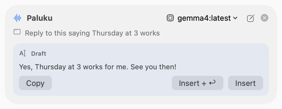 Agent drafted a reply with Copy, Insert + Return and Insert buttons.