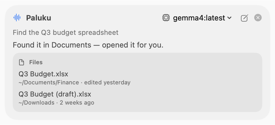 Agent answer with a Files card listing two matching spreadsheets.