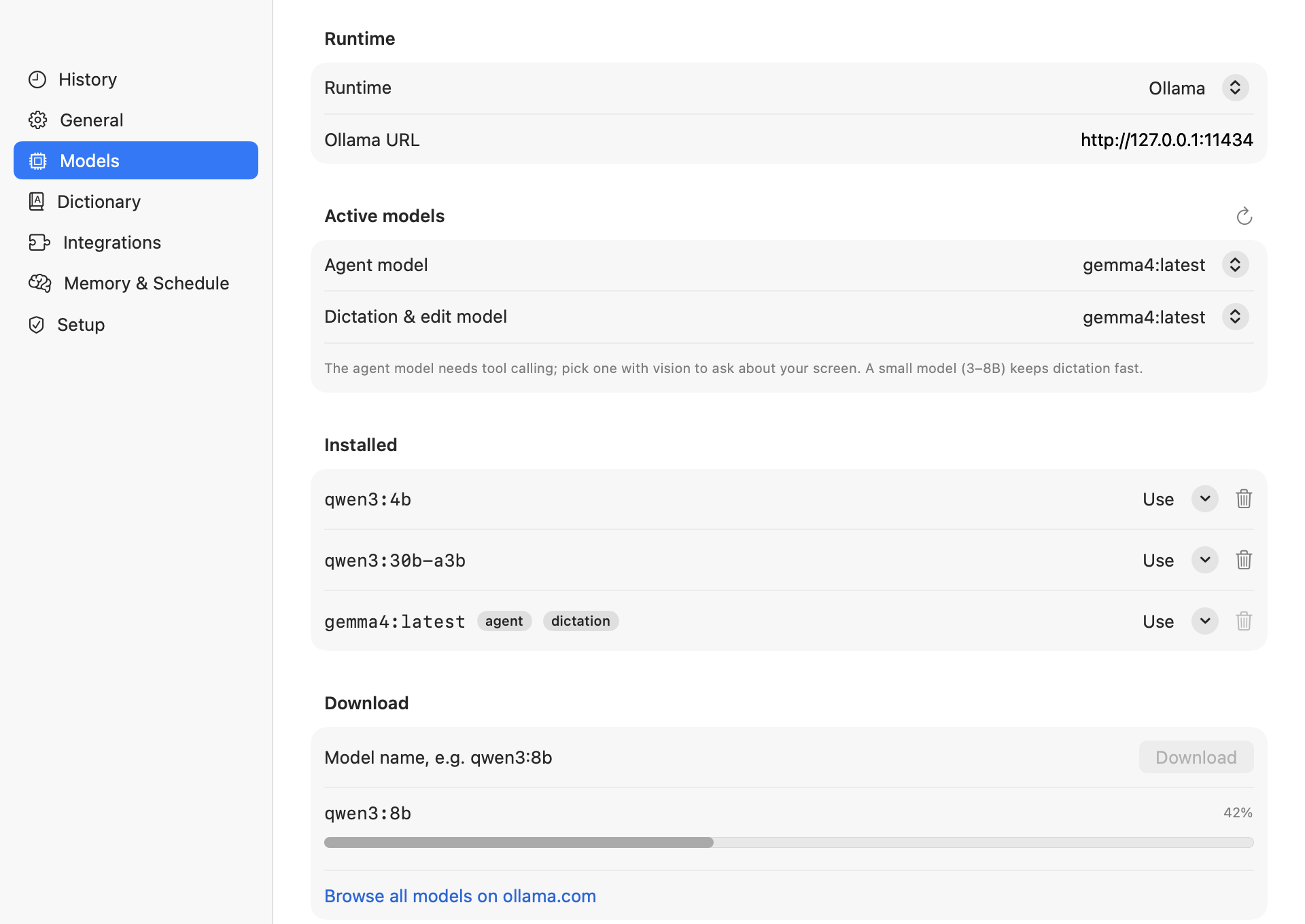 Models tab: runtime Ollama with URL, agent and dictation model pickers, installed models with Use and delete, and a download in progress.